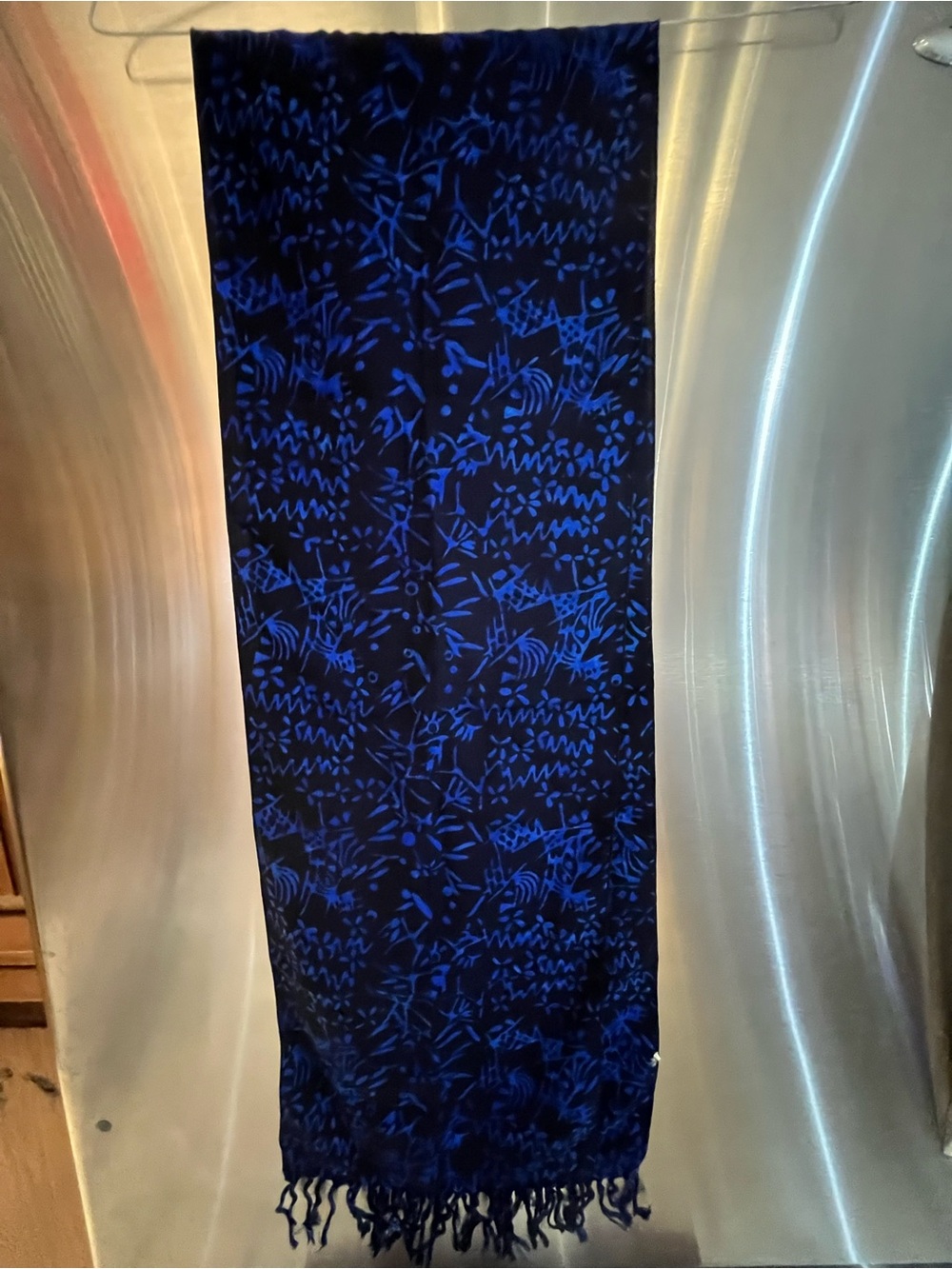 Blue and Black Silk Floral Patterned Long Scarf with Fringe NWOT